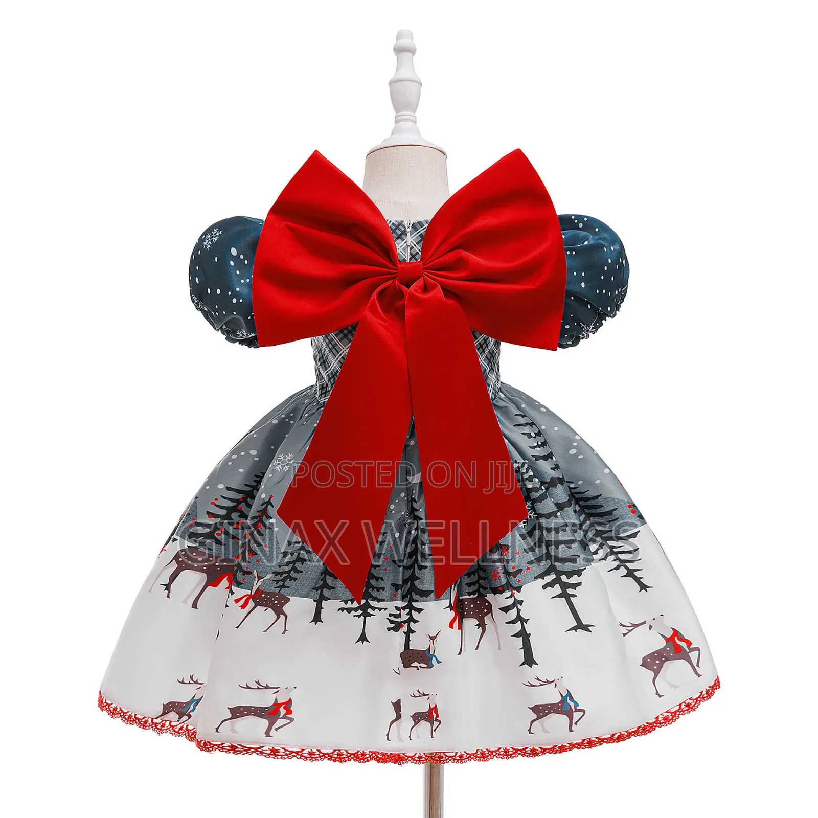 Baby Girls Christmas Dress With Reindeer Print and Big Red Bow (6-12m)