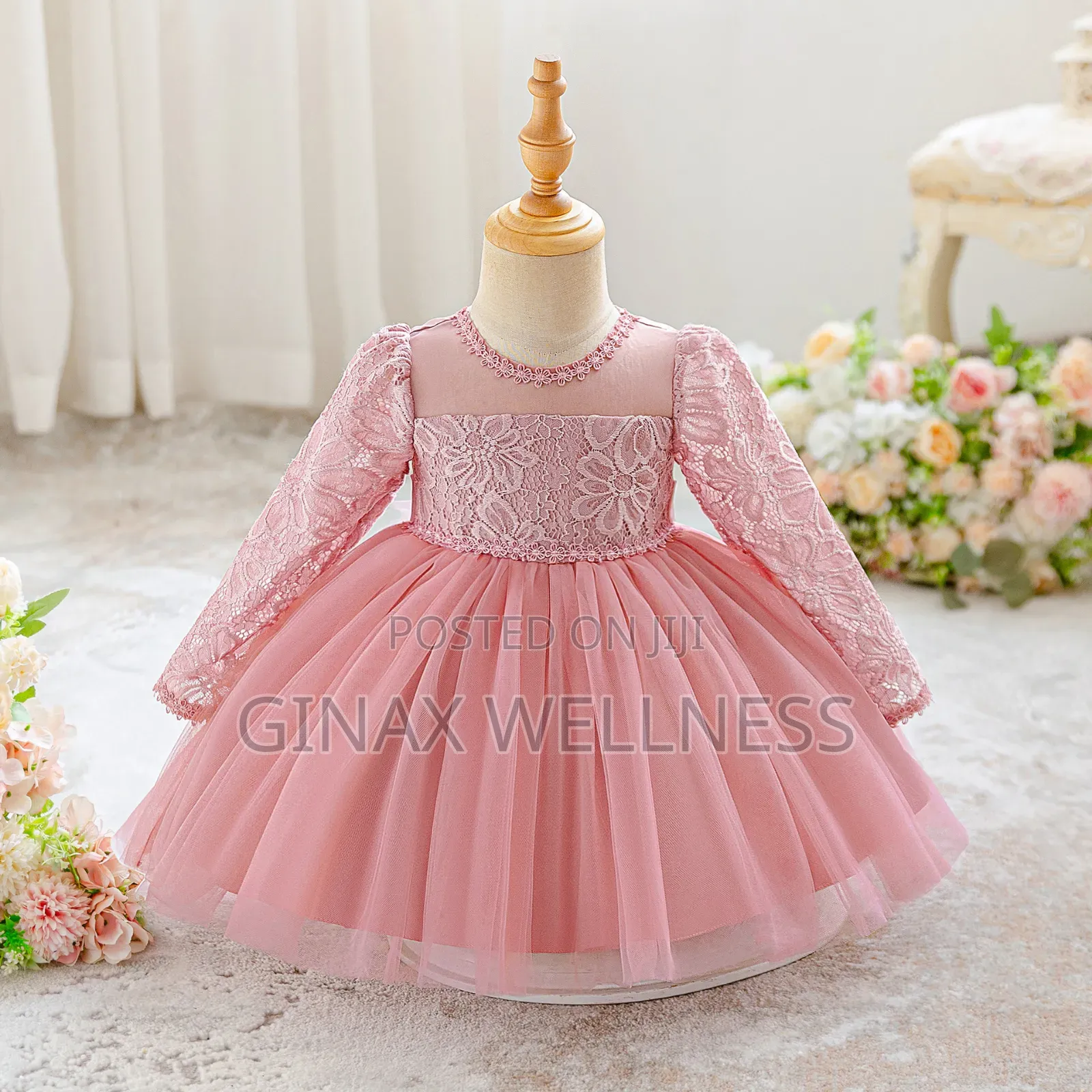 Baby Girls' Lace Dress With Long Sleeves and Tulle Skirt