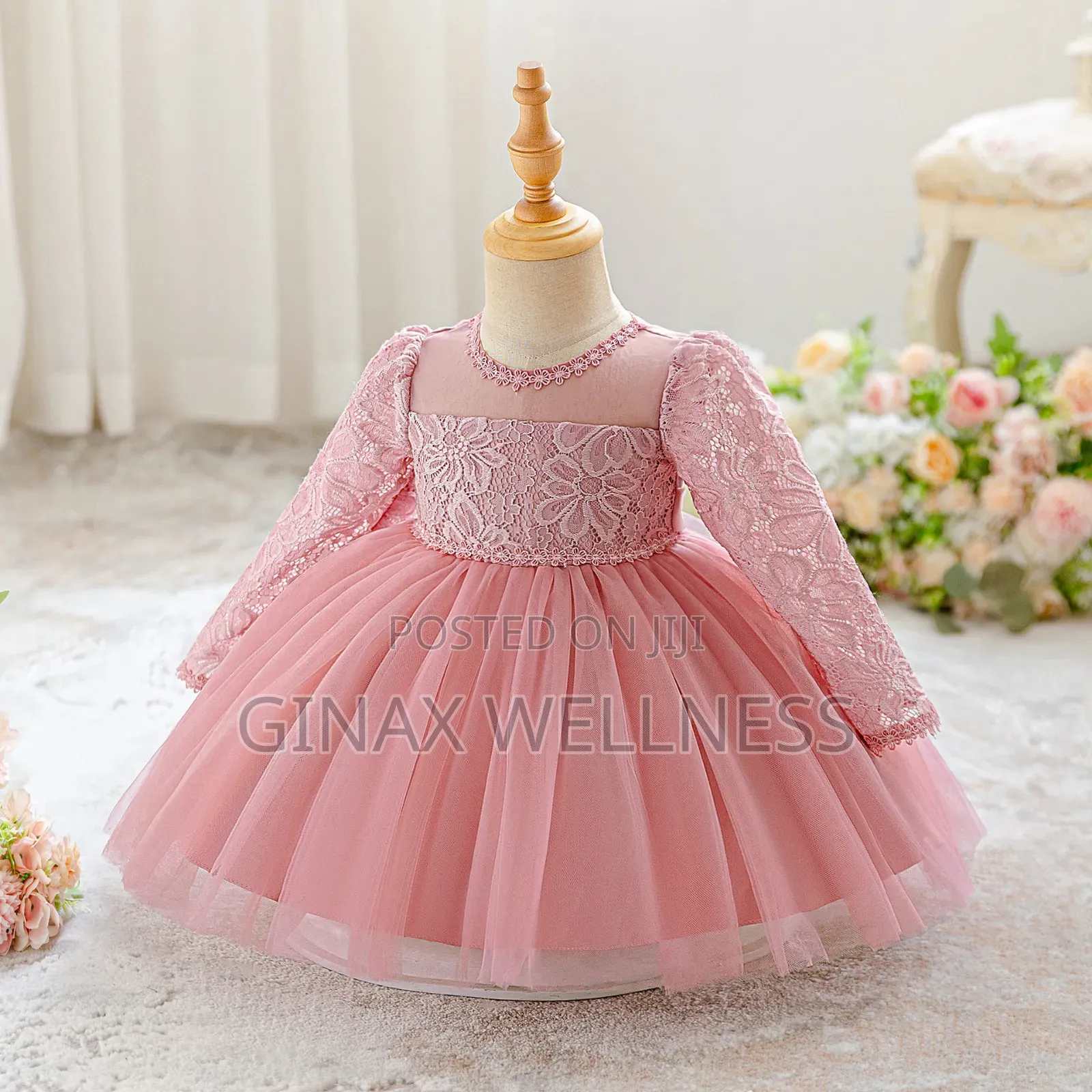 Baby Girls' Lace Dress With Long Sleeves and Tulle Skirt