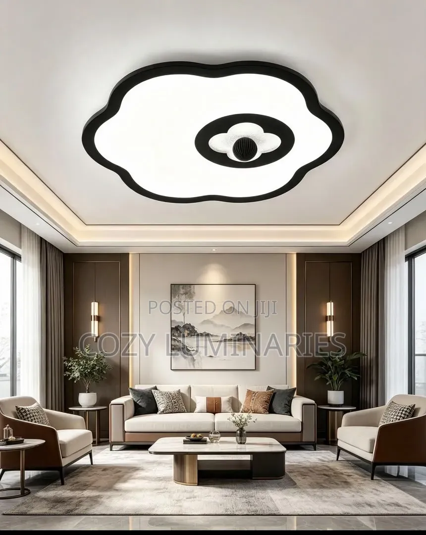 Modern Flower LED Ceiling Light 50cm | Slim Panel, Wood & Black