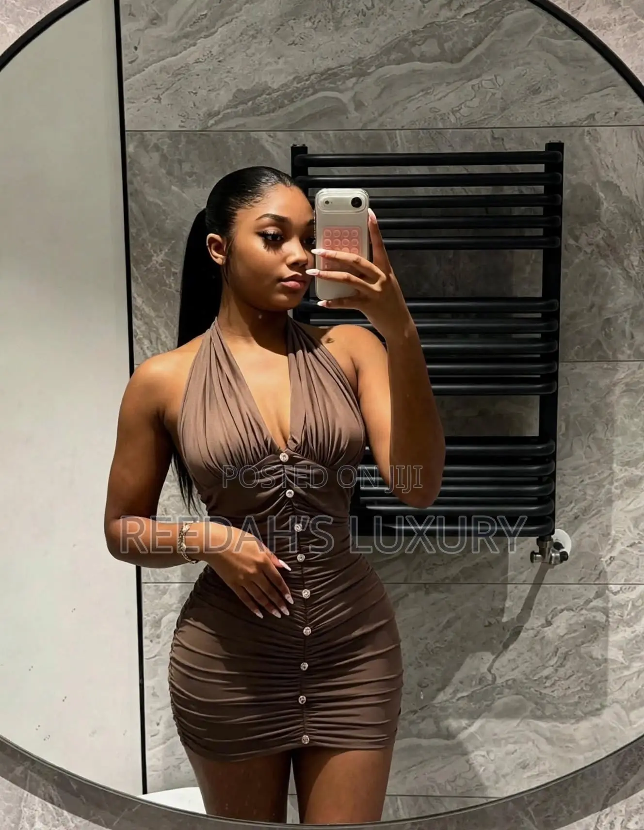 Chocolate Ruched Halter Mini Dress