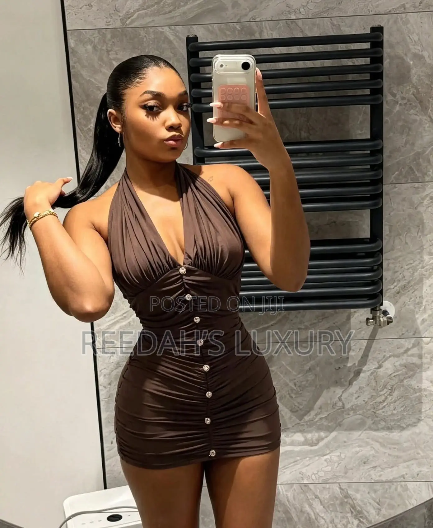 Chocolate Ruched Halter Mini Dress