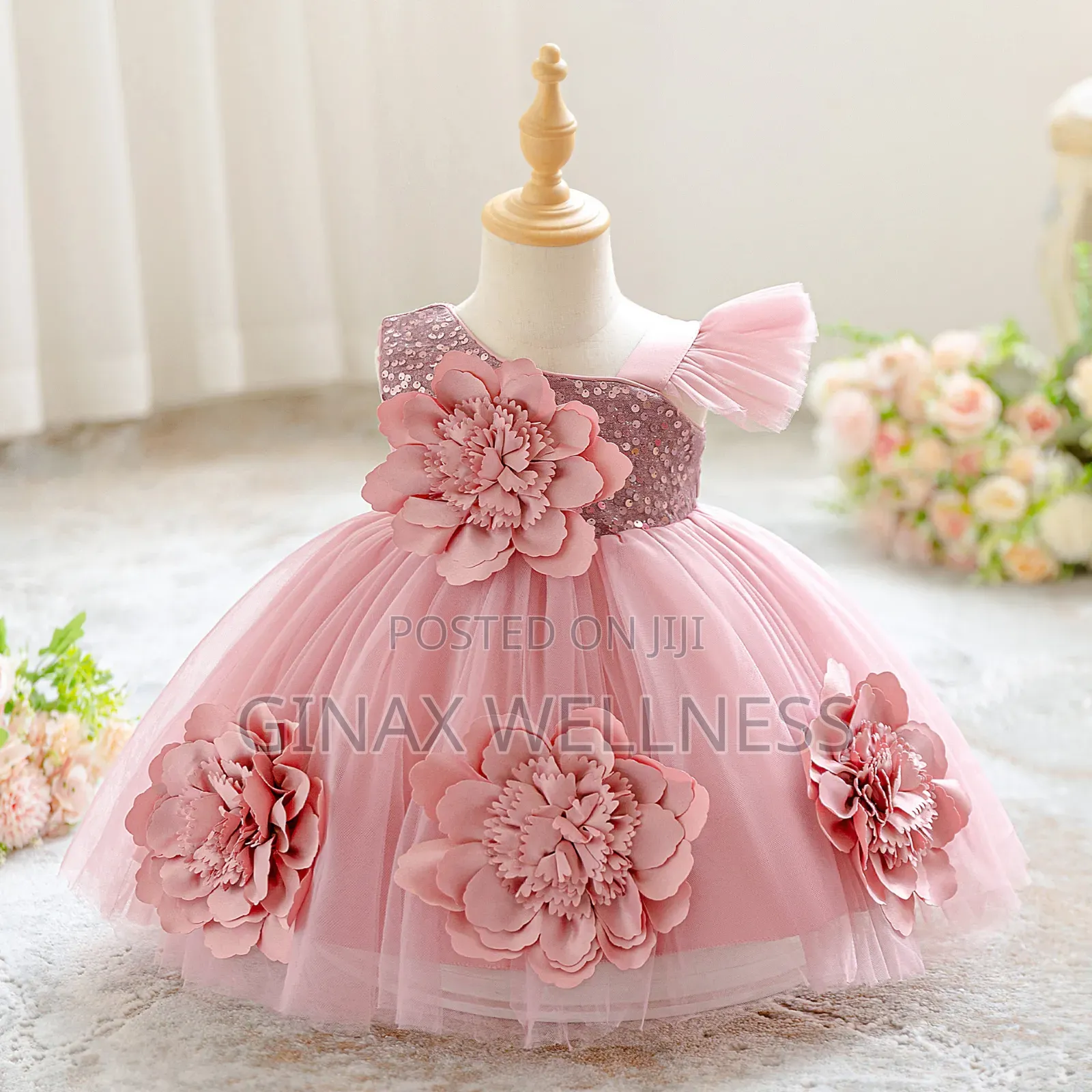 Baby Girls Pink Flower Princess Dress With Sequin and Floral (3-12m)