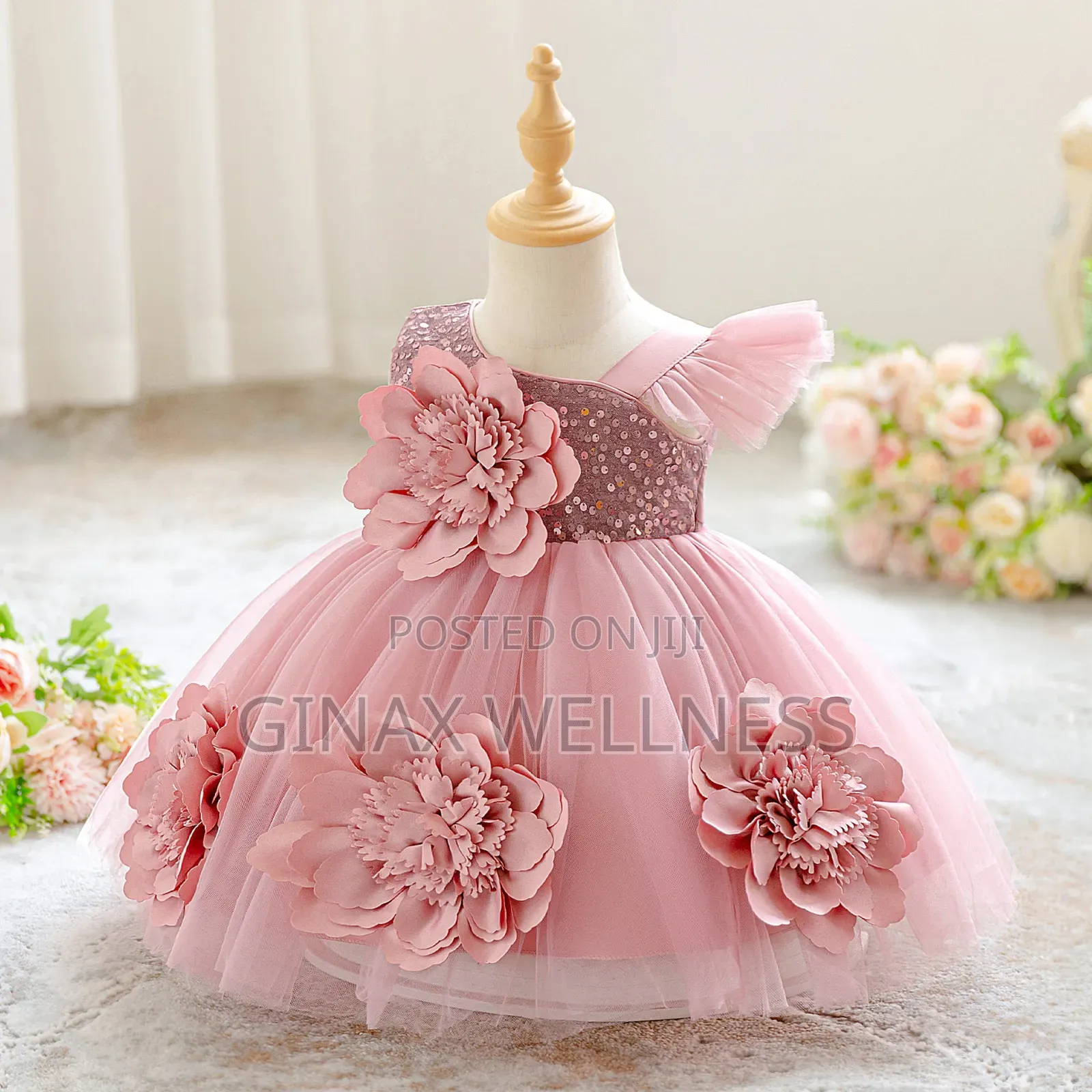 Baby Girls Pink Flower Princess Dress With Sequin and Floral (3-12m)