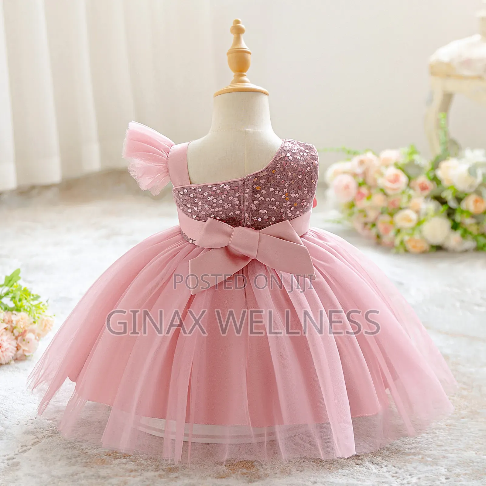 Baby Girls Pink Flower Princess Dress With Sequin and Floral (3-12m)