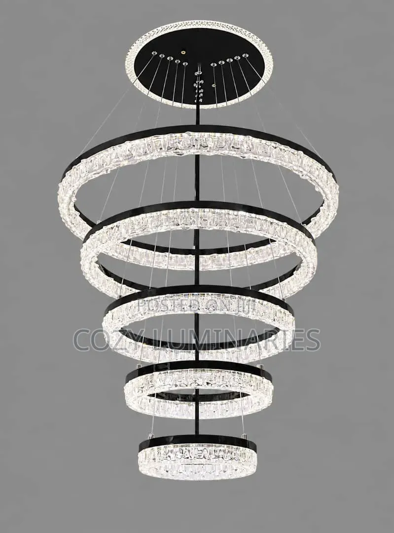 5-Ring Crystal LED Chandelier 600mm | Staircase & Foyer Pendant