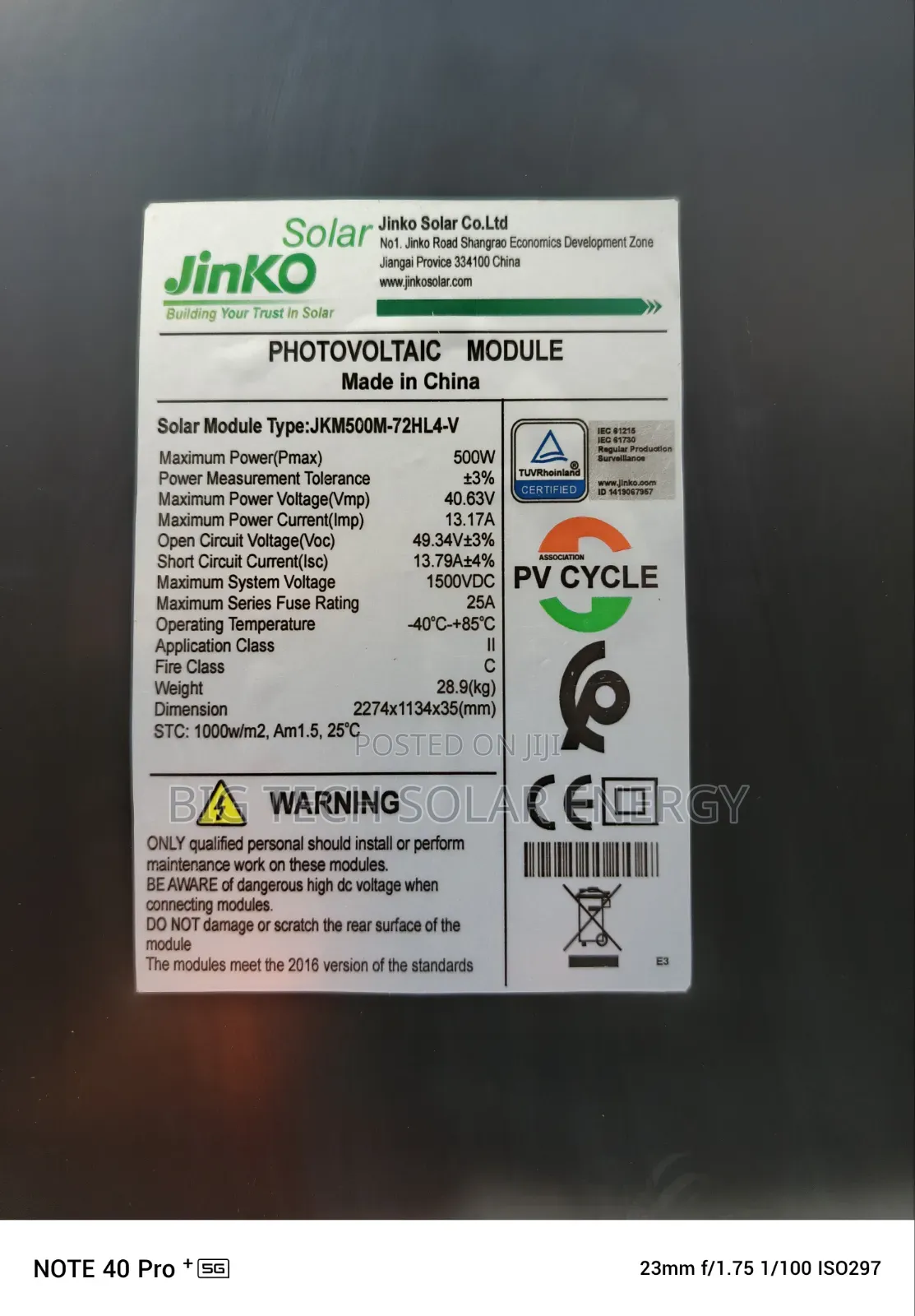 500w Jinko Solar Panel Mono