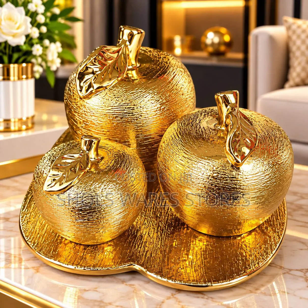 Golden Apple Decor - 3pcs With Tray