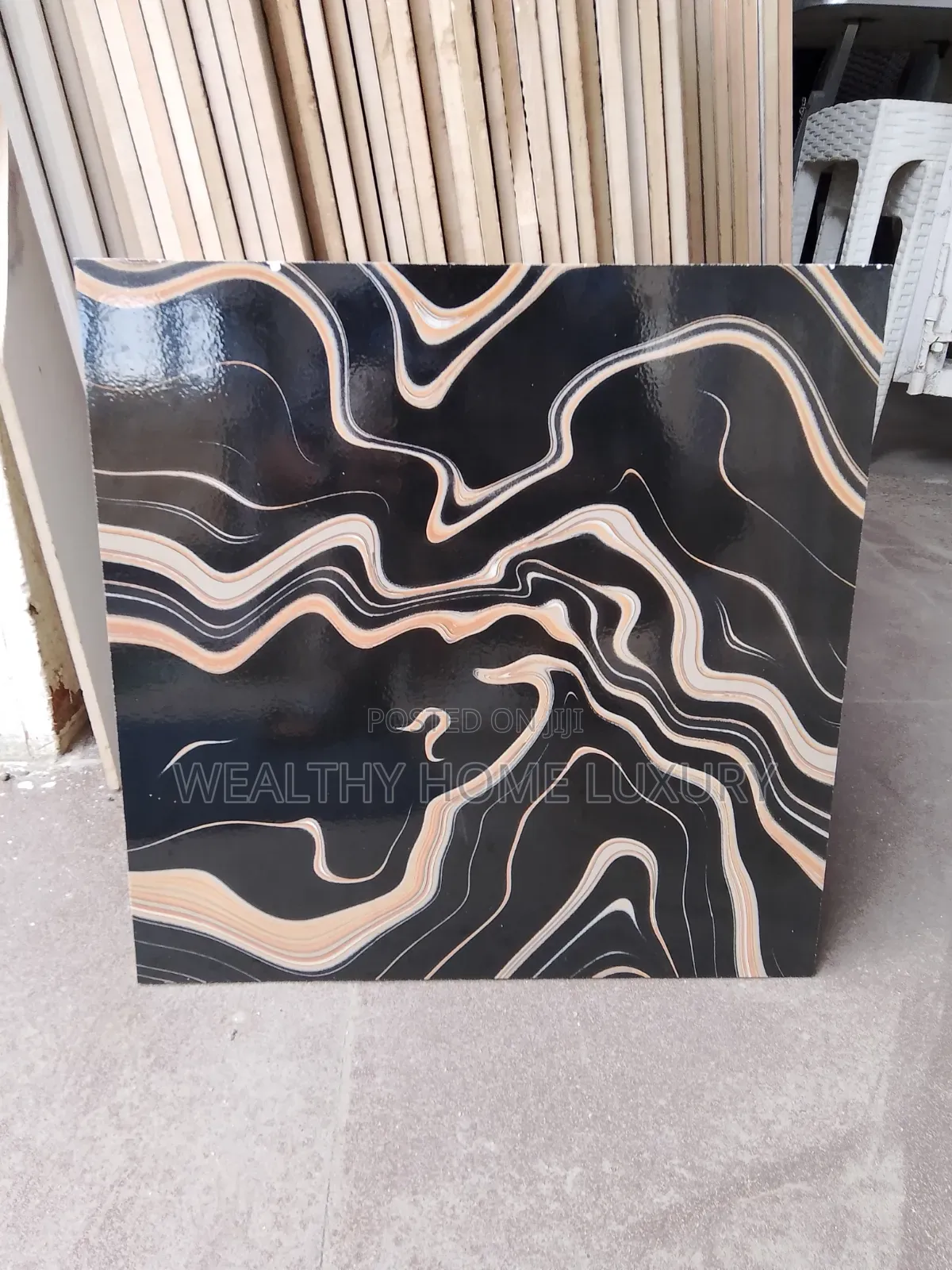 Polished Black-and-Gold Abstract Liquid Marble Floor Tile.