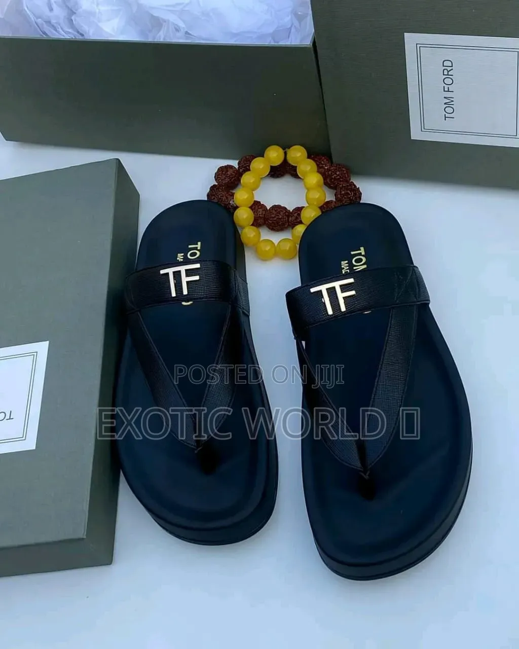 Men's Black Leather Palm Slippers, TF Gold Logo