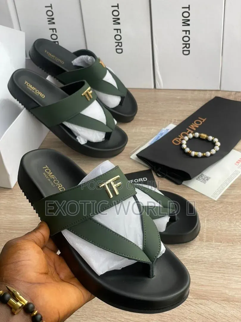 Men's Black Leather Palm Slippers, TF Gold Logo
