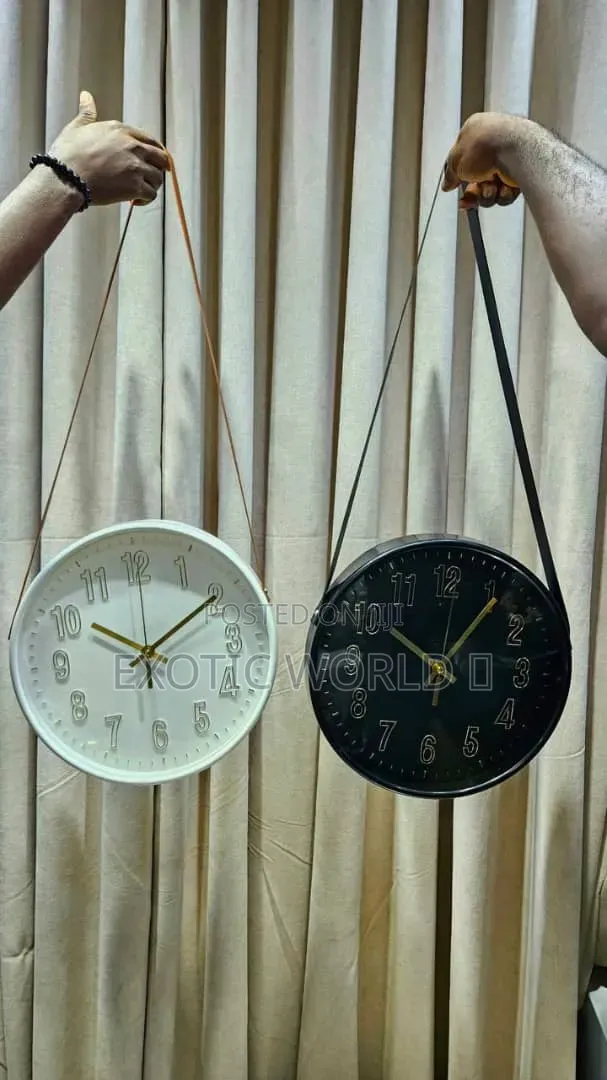 Modern Hanging Wall Clock With Leather Strap, Black or White