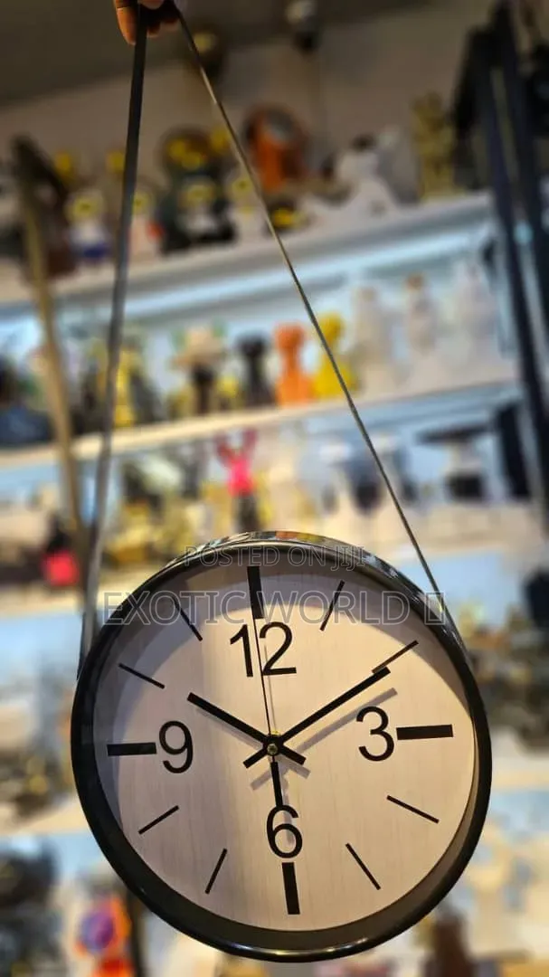 Modern Hanging Wall Clock With Leather Strap, Black or White