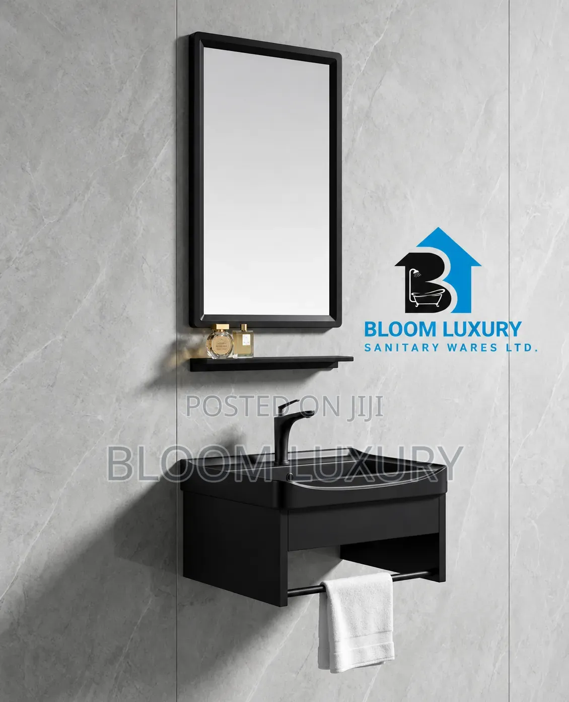 Matte Black Wash Hand Basin and Mirror