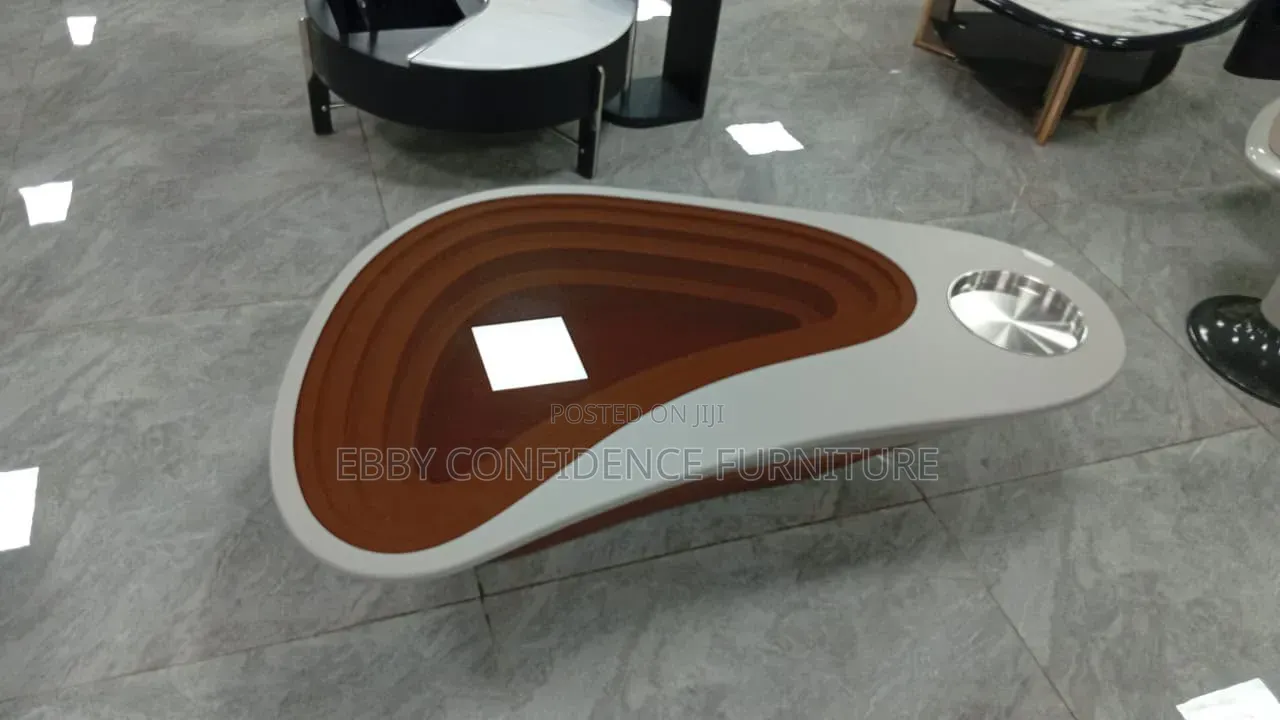 Kidney-Shaped Center Table With Glass/Wood and Built-in Cup Holder