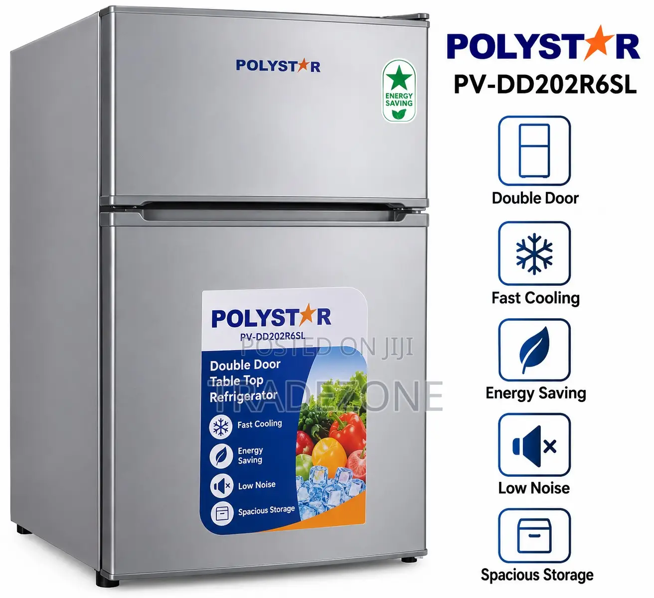 Polystar Double Door Table Top Refrigerator PV-DD202R6SL