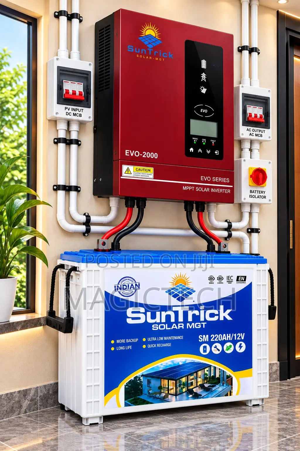 Suntrick 2kva 12v Hybrid Inverter + 220ah 12v Tubular Battery Combo