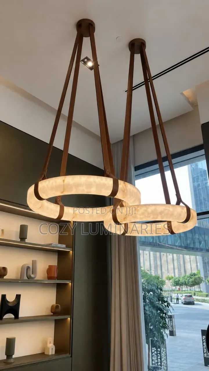 Luxury Alabaster Ring Chandelier With Leather Straps | 600mm & 800mm