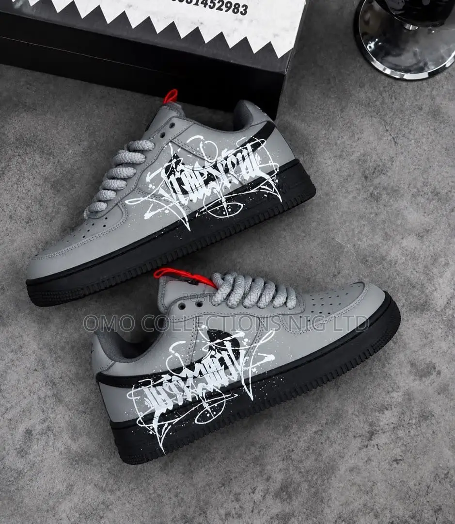Nike Air Force Men’s Grey & Black Graffiti Print Sneakers–Fully Boxed