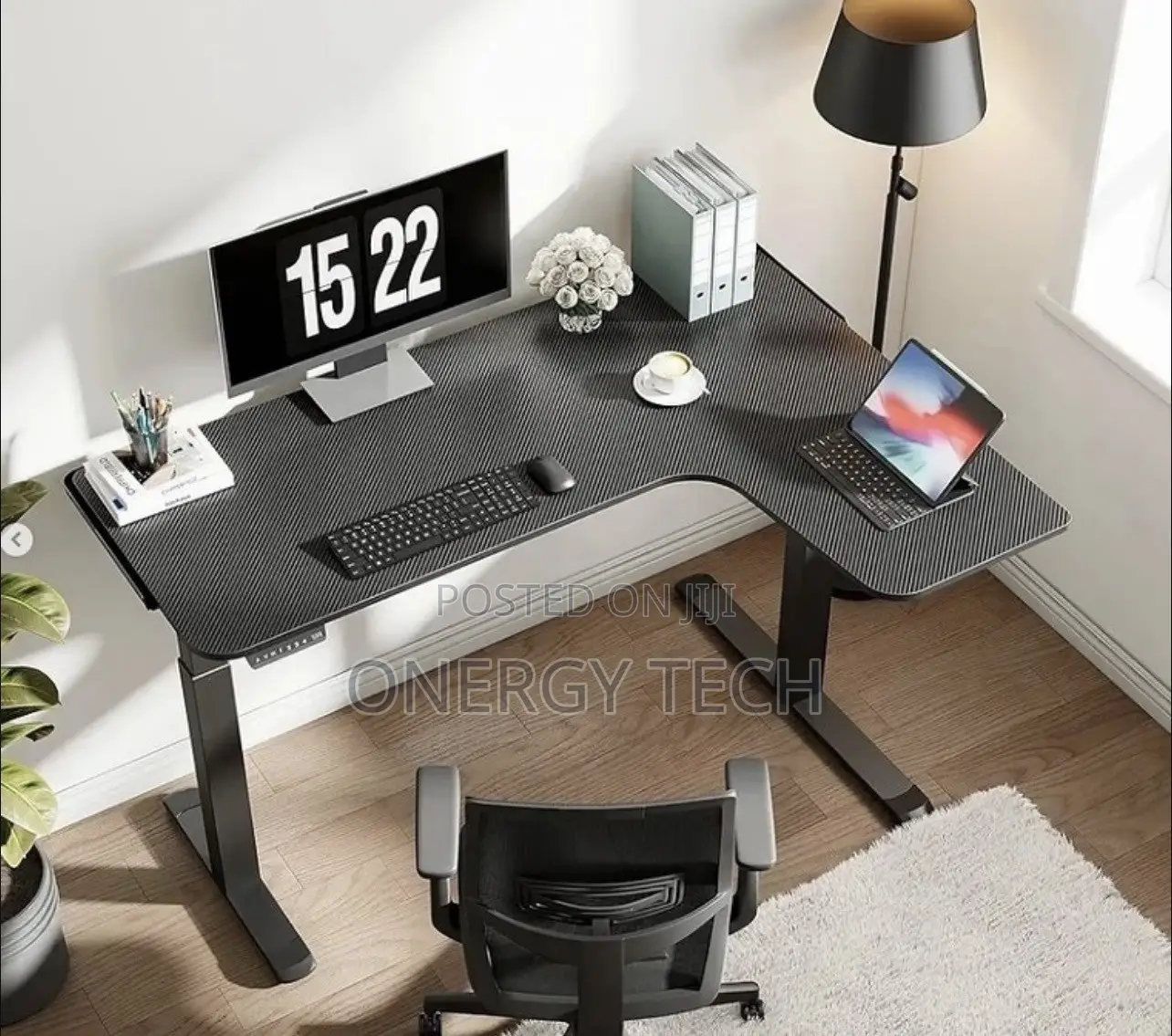 Brown L-Shaped Motorized Standing Desk