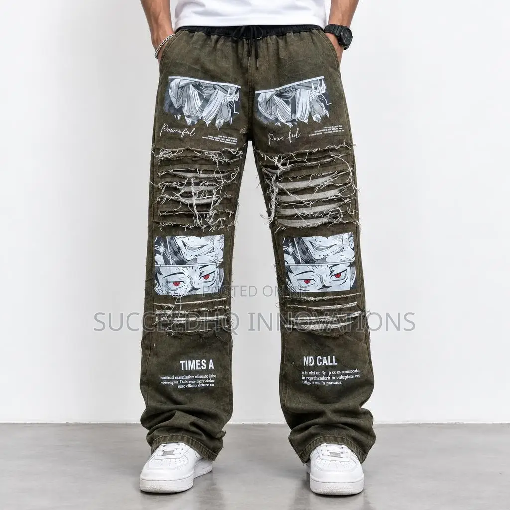 Baggy Distressed Graphic Jeans Streetwear Anime Leg Denim Pants