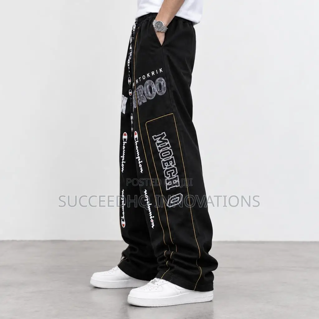 Men's Black Baggy Graphic Pants Streetwear Style Wide Leg Trousers