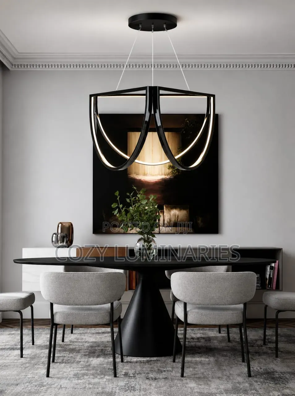Modern LED Pendant Chandelier 60cm – Black & Gold Ribbon Arc Design