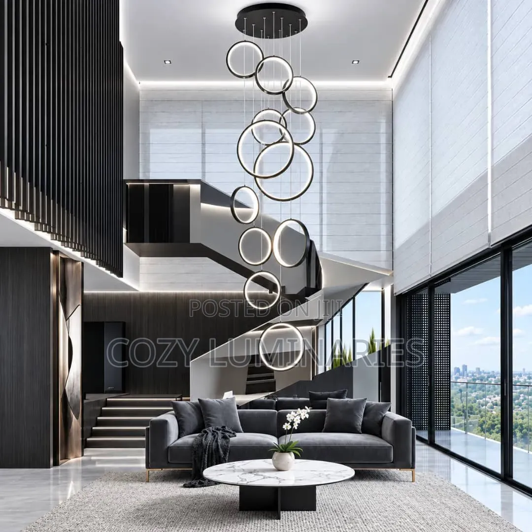 Luxury LED Ring Chandelier Long Spiral Staircase Light