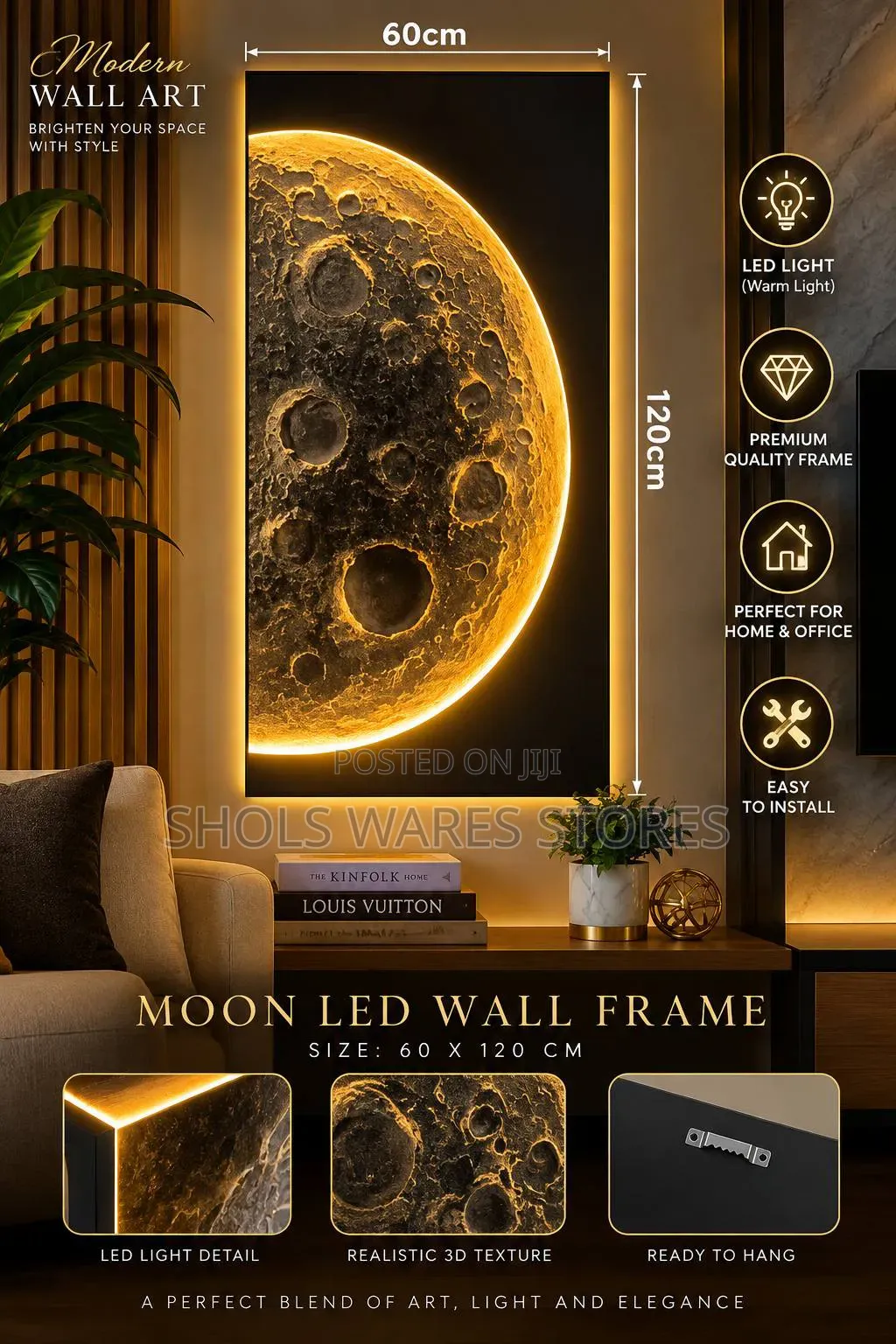 Luxury 3D LED Moon Wall Art - With Warm Light 80by160cm
