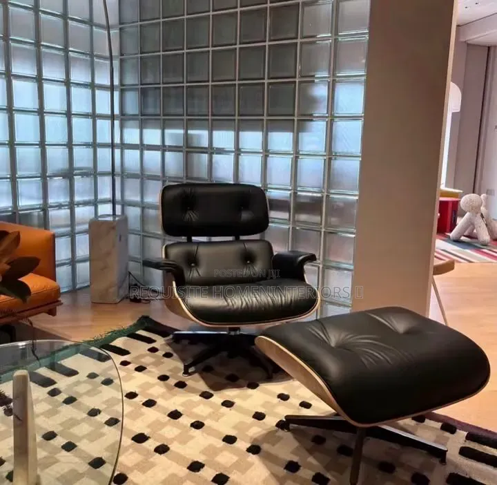 Luxury Black Leather Lounge Chair & Ottoman Set