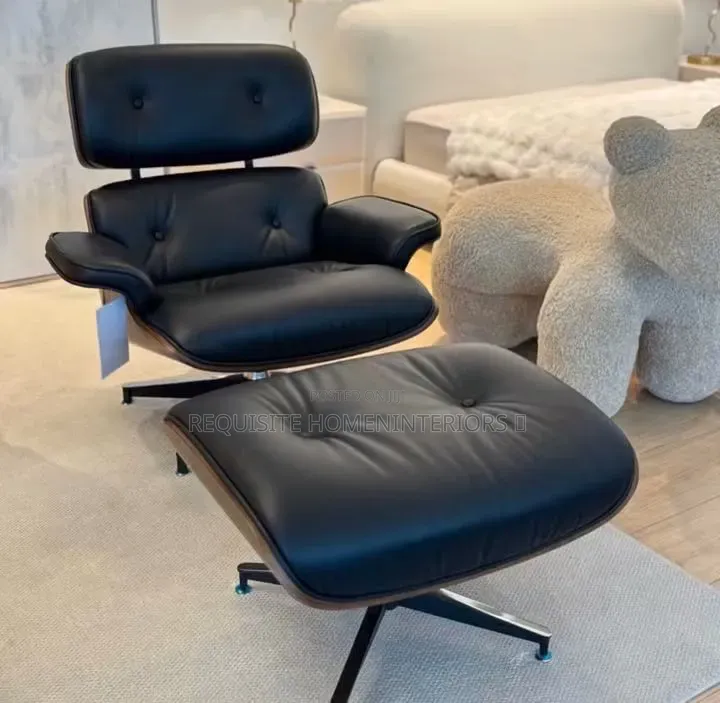 Luxury Black Leather Lounge Chair & Ottoman Set