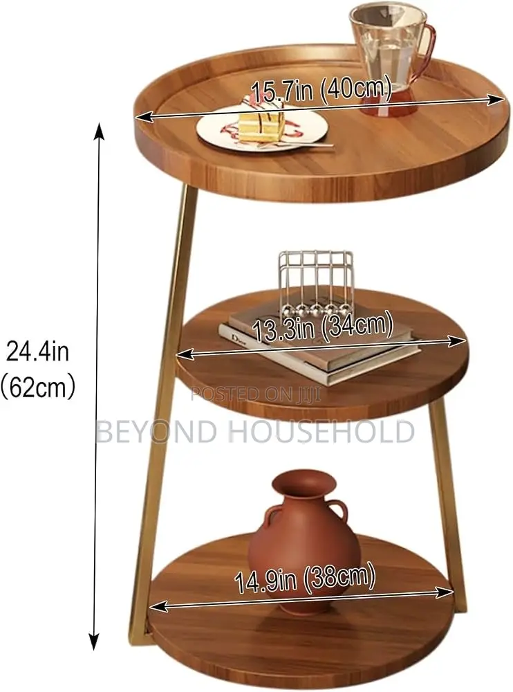 3Tier Round Side Table Wooden Bedside With Gold Metal Frame