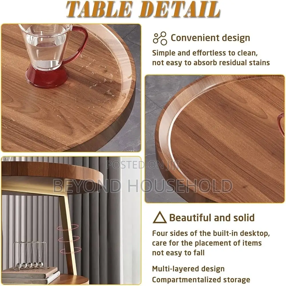 3Tier Round Side Table Wooden Bedside With Gold Metal Frame