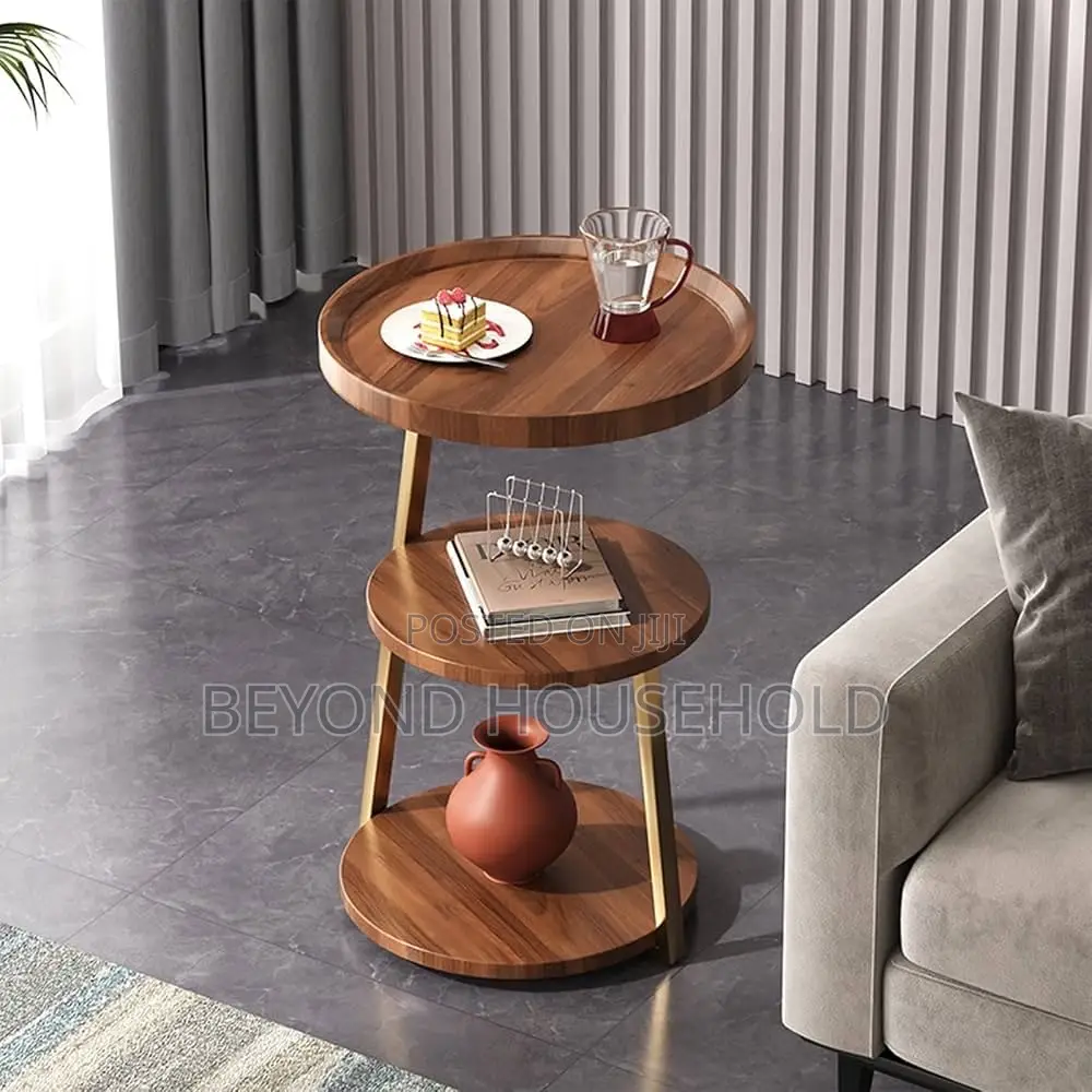 3Tier Round Side Table Wooden Bedside With Gold Metal Frame