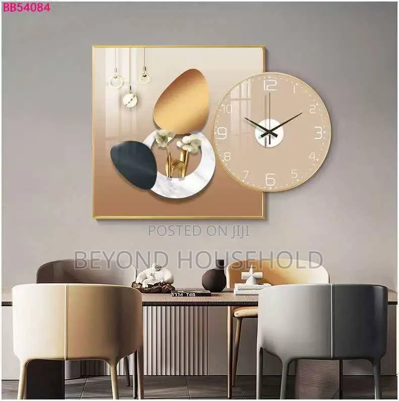 Abstract Wall Painting With Integrated Silent Clock Gold Metal Frame