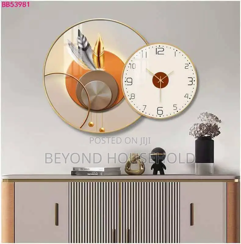 Abstract Wall Painting With Integrated Silent Clock Gold Metal Frame