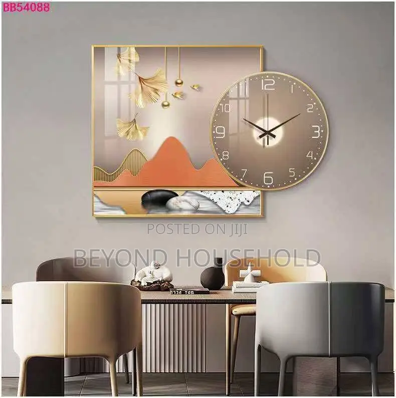 Abstract Wall Painting With Integrated Silent Clock Gold Metal Frame