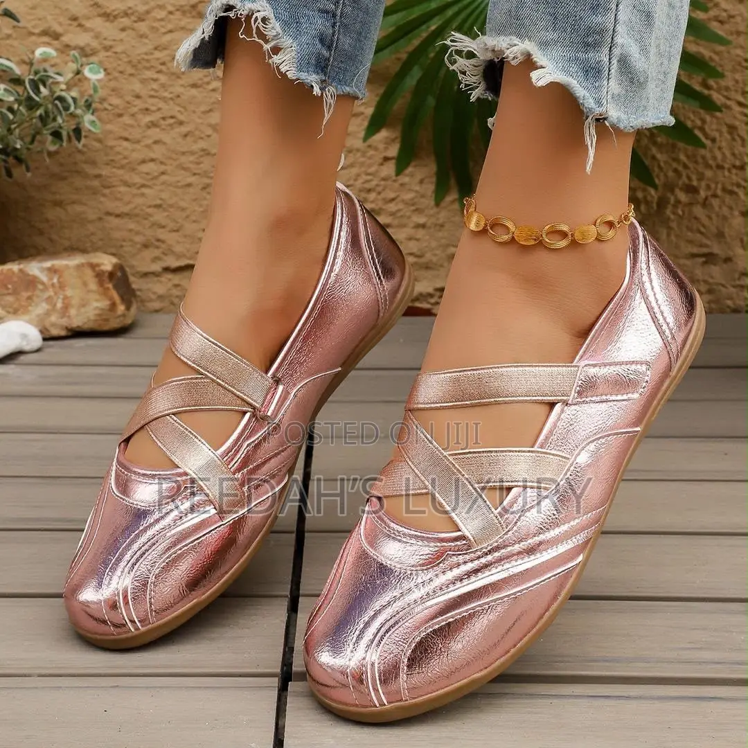 Metallic Cross-Strap Flat Shoes