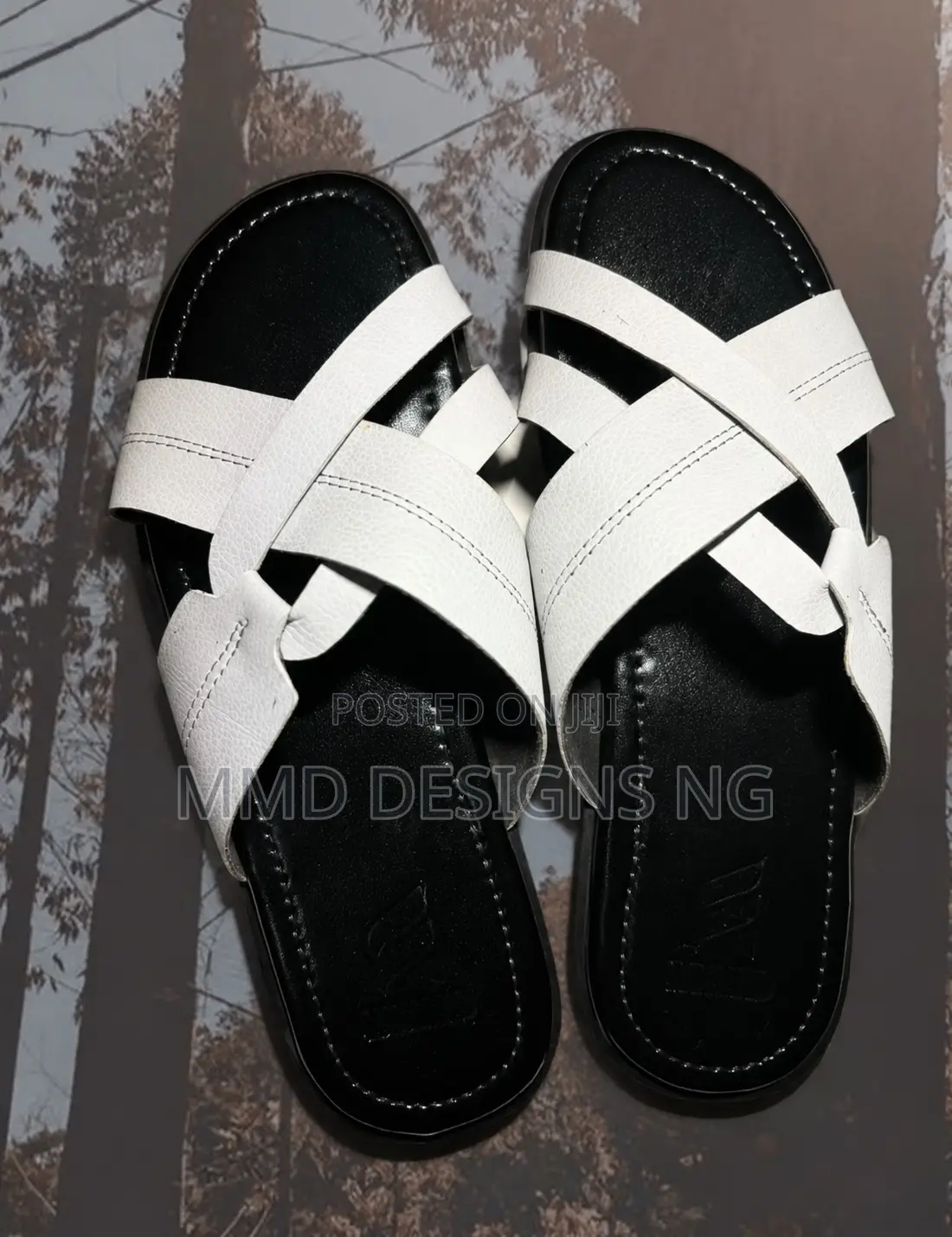 MMD Ivory Noir Men's White Cross-Strap Slides Size 44