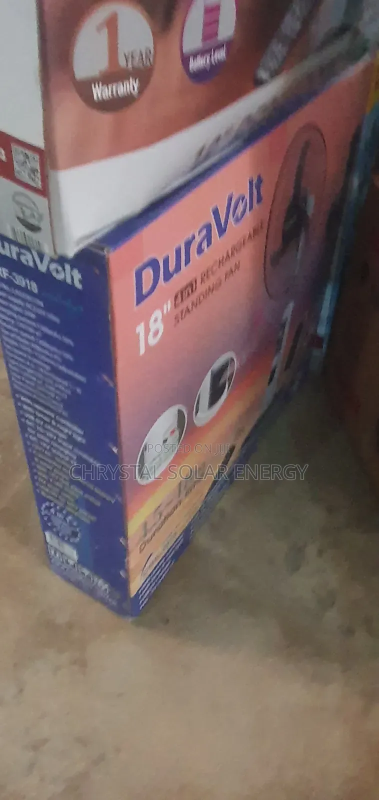 Duravolt 18" 4-in-1solar Rechargeable Standing Fan (Model: DRF-3918).
