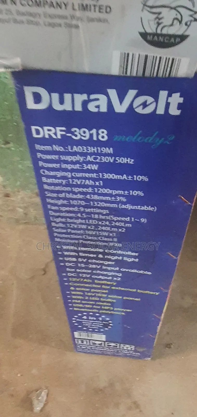 Duravolt 18" 4-in-1solar Rechargeable Standing Fan (Model: DRF-3918).