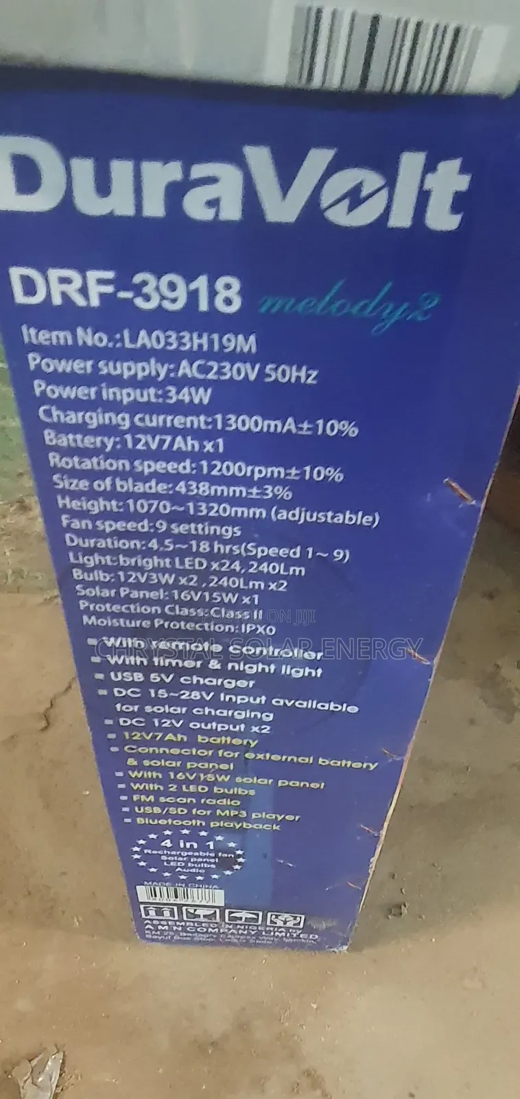 Duravolt 18" 4-in-1solar Rechargeable Standing Fan (Model: DRF-3918).