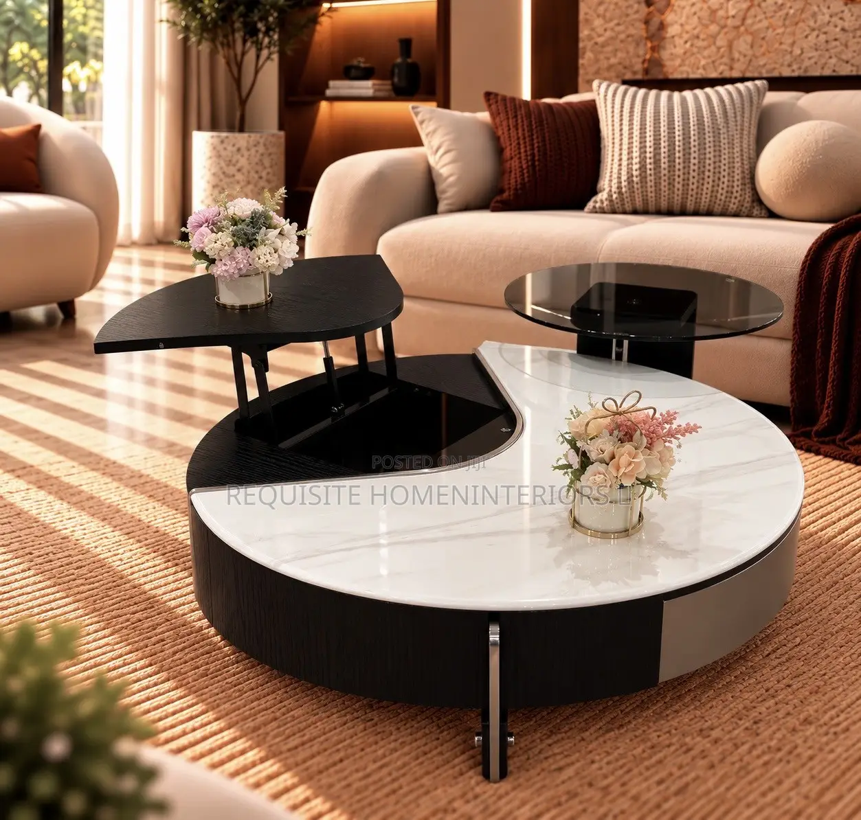 Elegant Round Lift-Top Coffee Table – Modern Marble Center Table