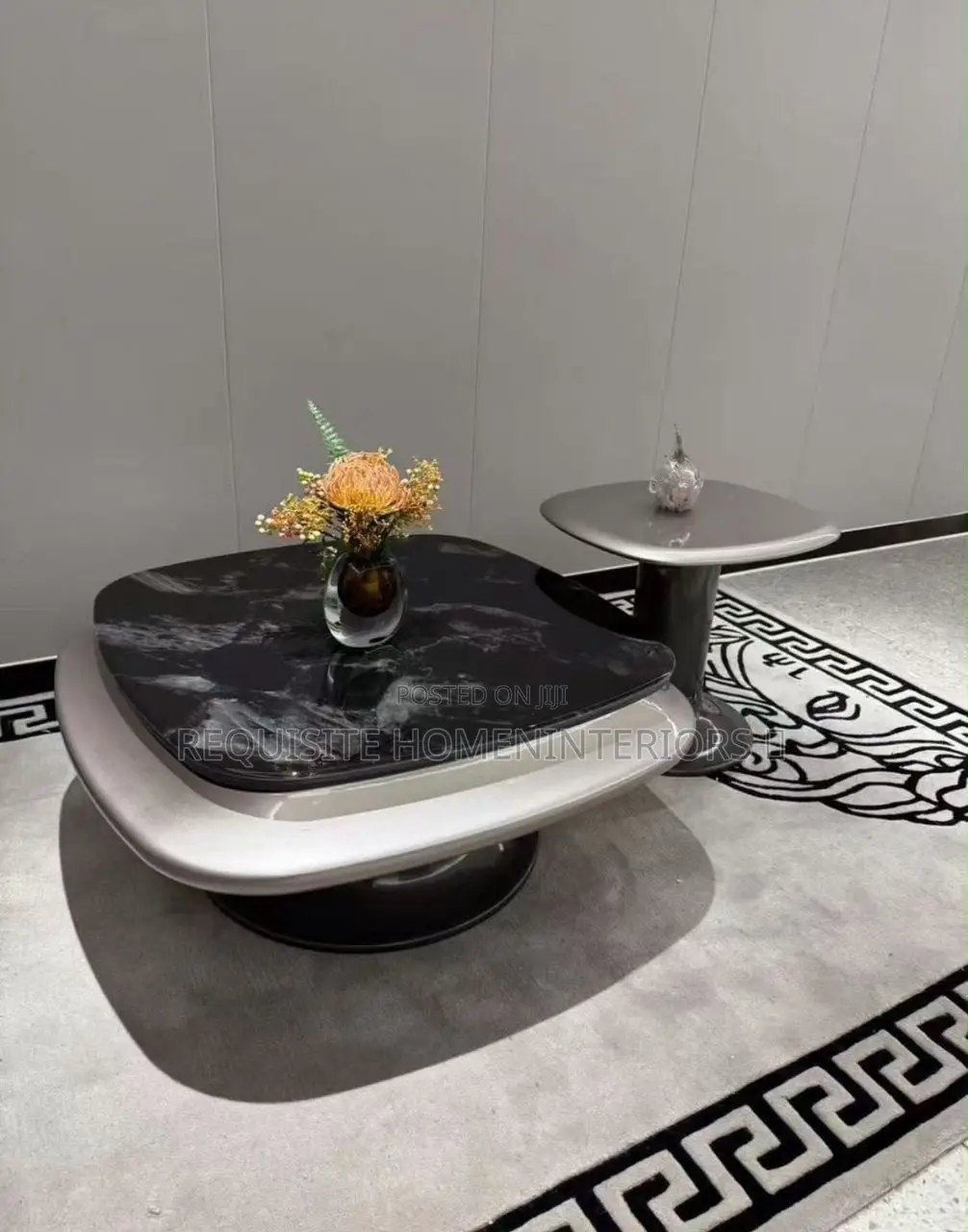 Sophisticated Black Marble Coffee Table Set With Accent Side Table