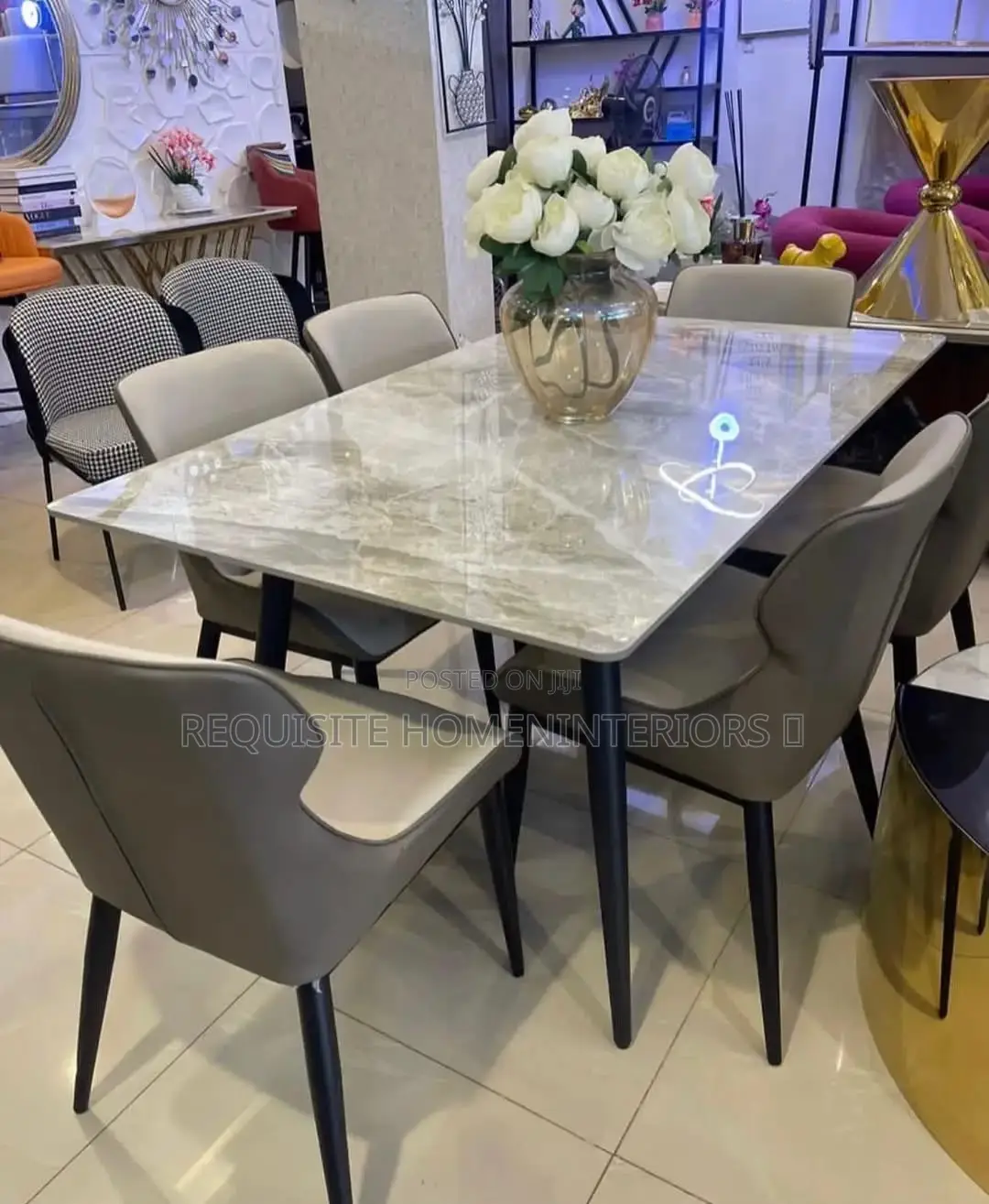 Contemporary 6-Seater Dining Set – Marble Table With Cushioned Chairs