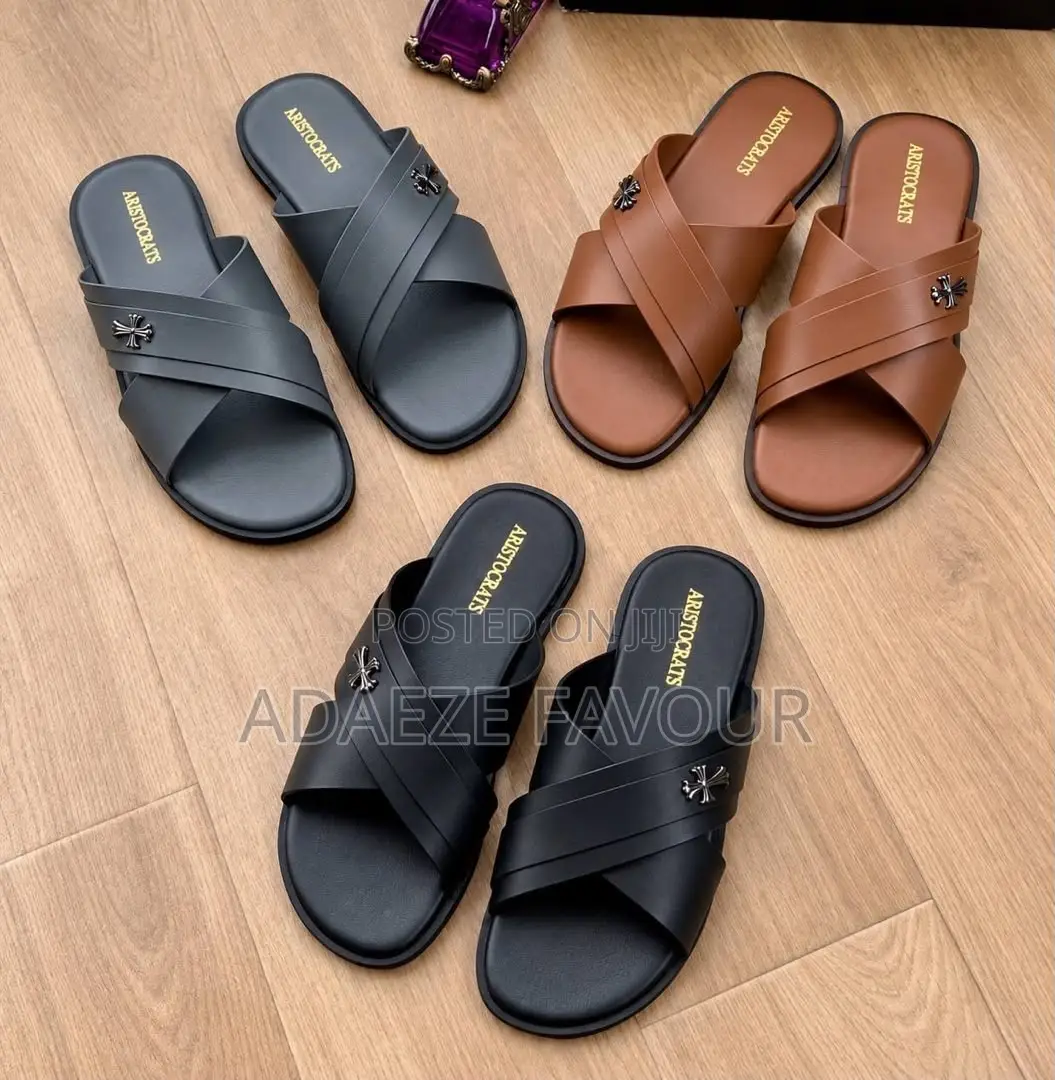 Men’s Luxury Cross-Strap Slide Sandals With Metal Cross Detail