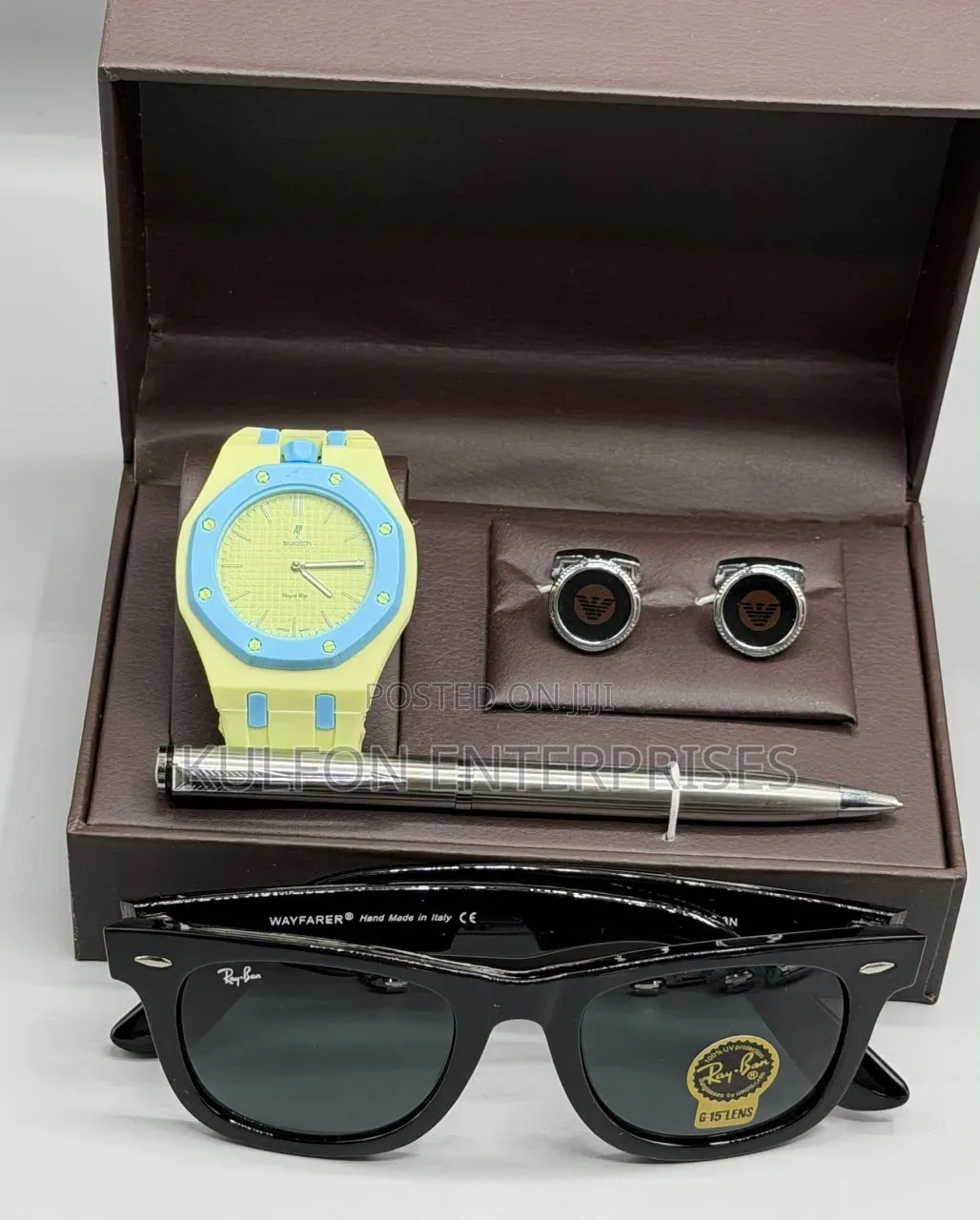 Men's Gift Set. Glasses, Cuff Links, Wristwatch, and Pen