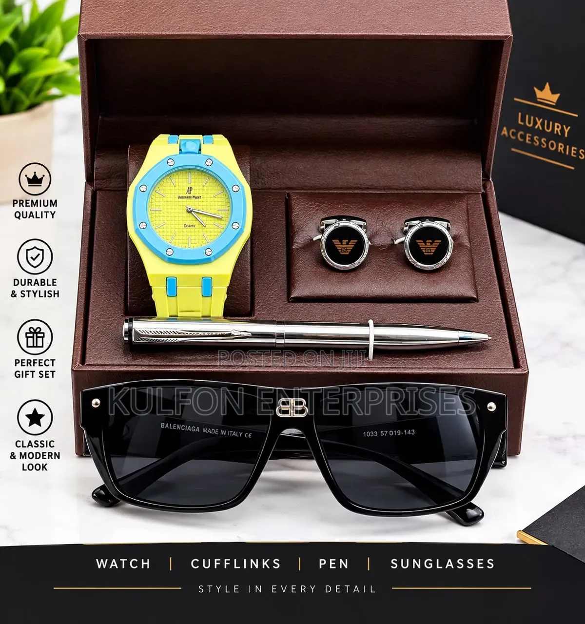 Men's Gift Set. Glasses, Cuff Links, Wristwatch, and Pen