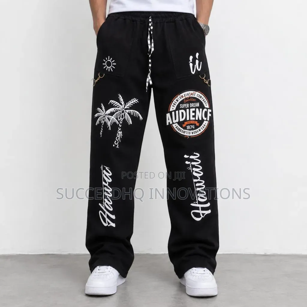 Men's Baggy Black Graphic Jeans Streetwear Wide Leg Denim Pants Chain