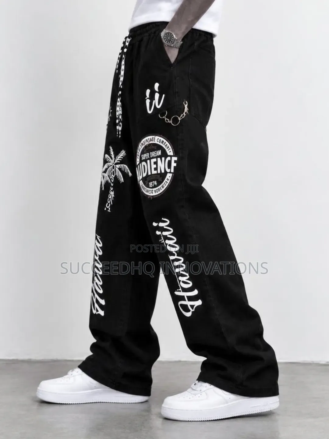 Men's Baggy Black Graphic Jeans Streetwear Wide Leg Denim Pants Chain